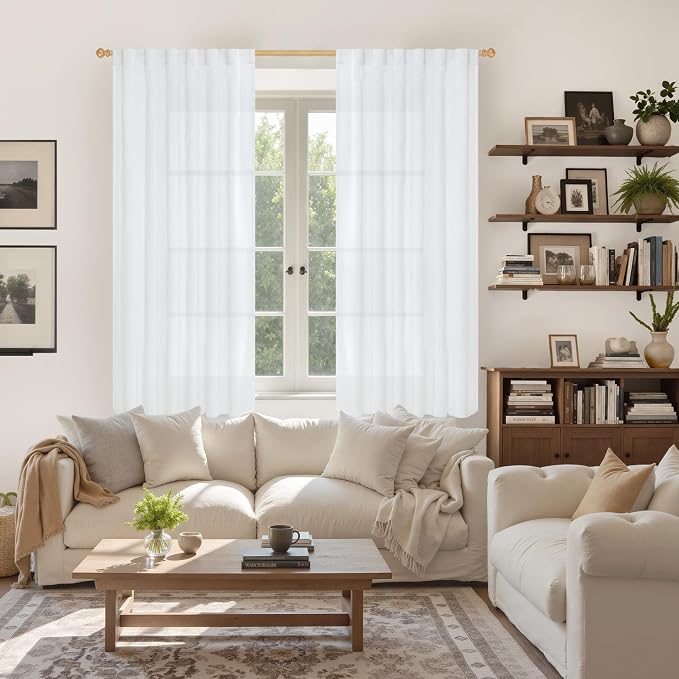 YoungsTex 63 Inch Length White Linen Curtains 2 Panels - Image 2