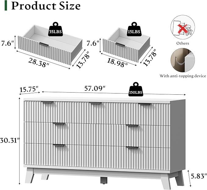 Fluted Dresser with 7 Drawers, Wooden Dresser TV Stand, Wood Closet Clothes - Image 2