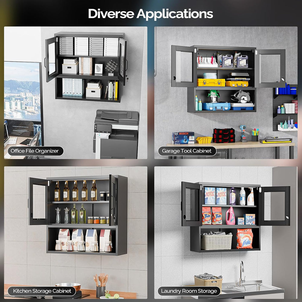 VINGLI Metal Wall Cabinet with Locking Glass Doors & Magnetic LED Sensor ...