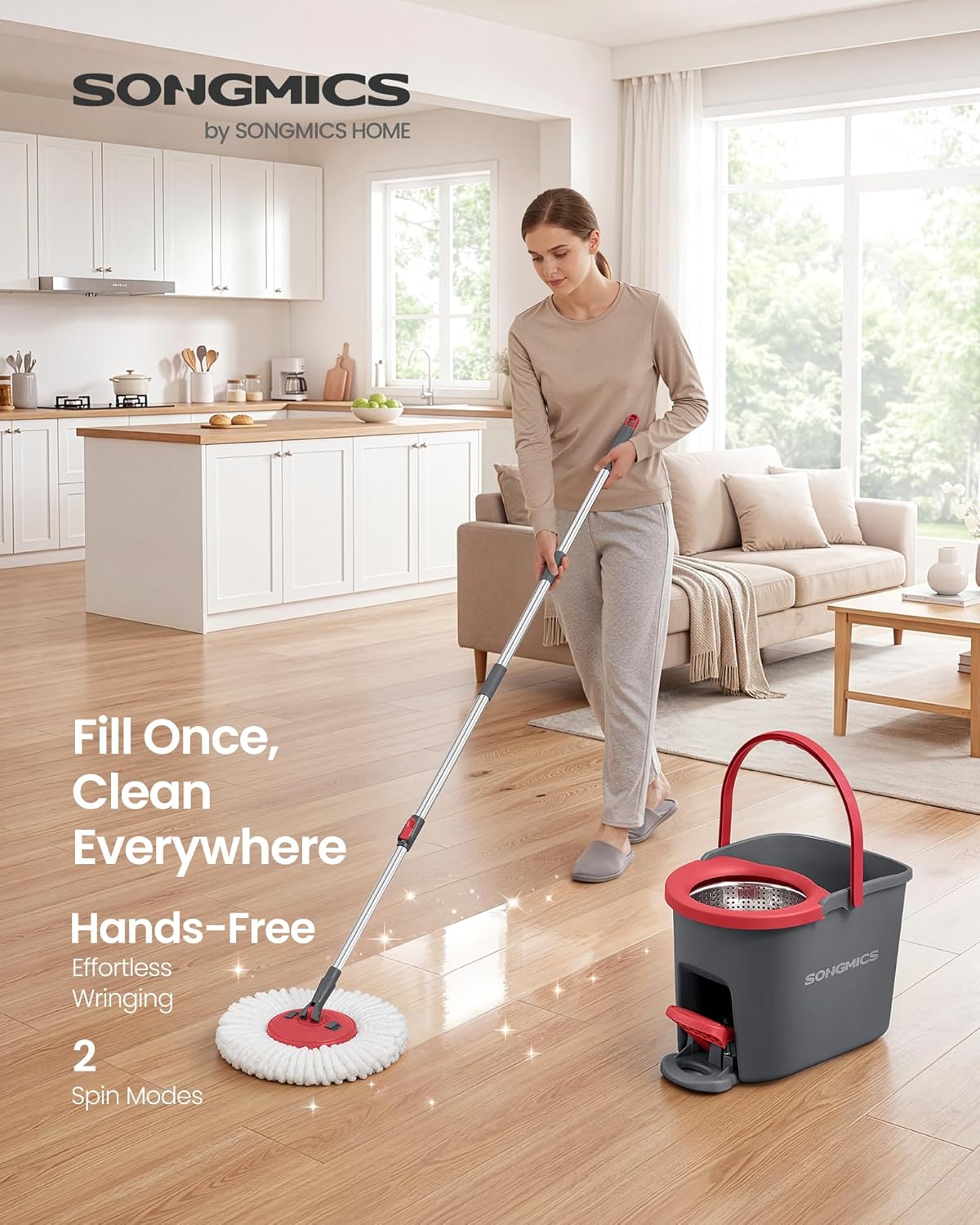 SONGMICS Spin Mop and Bucket Set with Pedal Wringer, Floor Cleaning Mop, Adjustable Telescopic Handle, Max. 59.1-Inch Length, 360° Rotating Head, 4 Microfiber Pads, Gray and Red ULMB002GT04