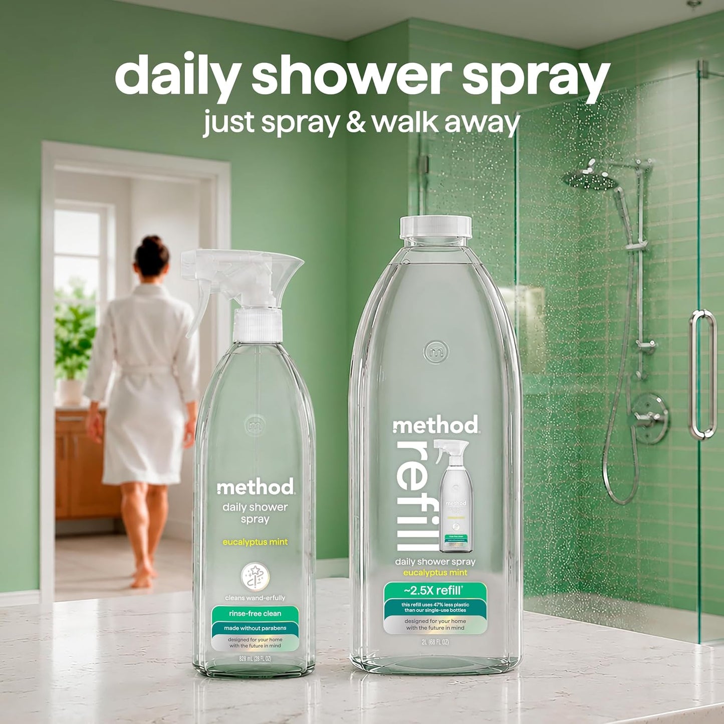 method Daily Shower Cleaner Refill, Eucalyptus Mint, 68 fl oz | Removes Soap Scum, Grime & Stains, For Use on Showers, Tubs, Tile, Glass & Fixtures, Dissolves Right Away, 2.5X Refill