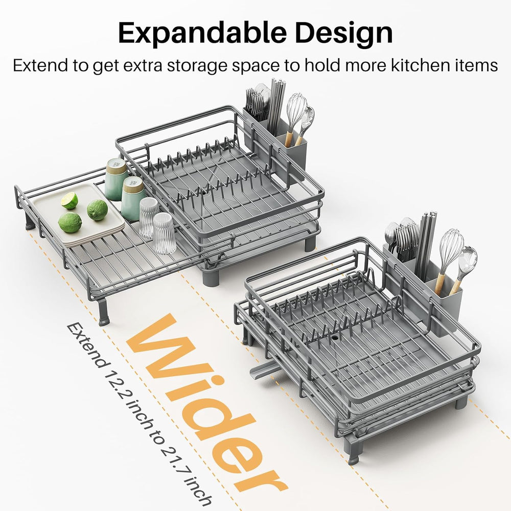 SNTD Expandable Dish Drying Rack for Kitchen Counter, Stainless Steel, Grey