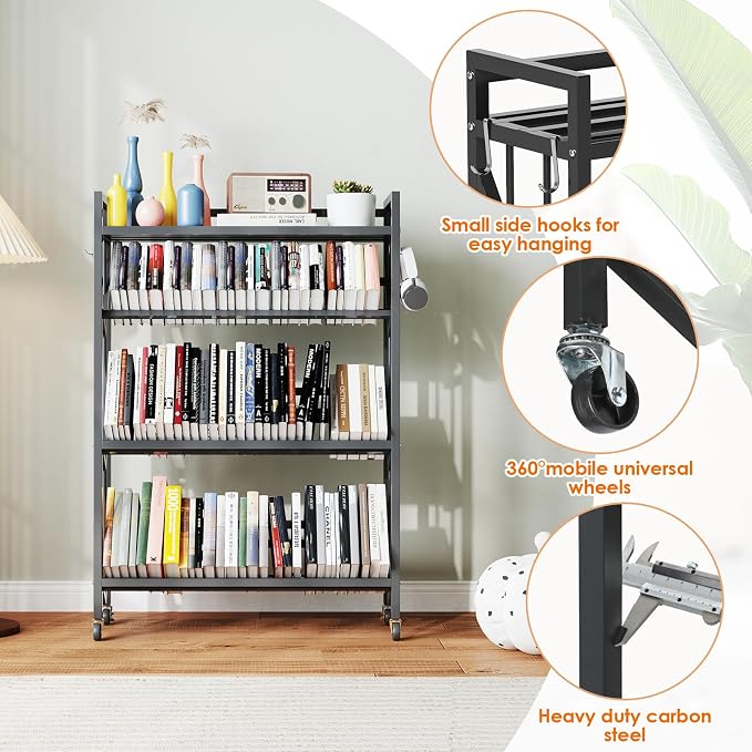 Book Carts 4 Tier 46.5x35.4x9.84 in Rolling Book Cart Large Capacity Bookshelf - Image 3