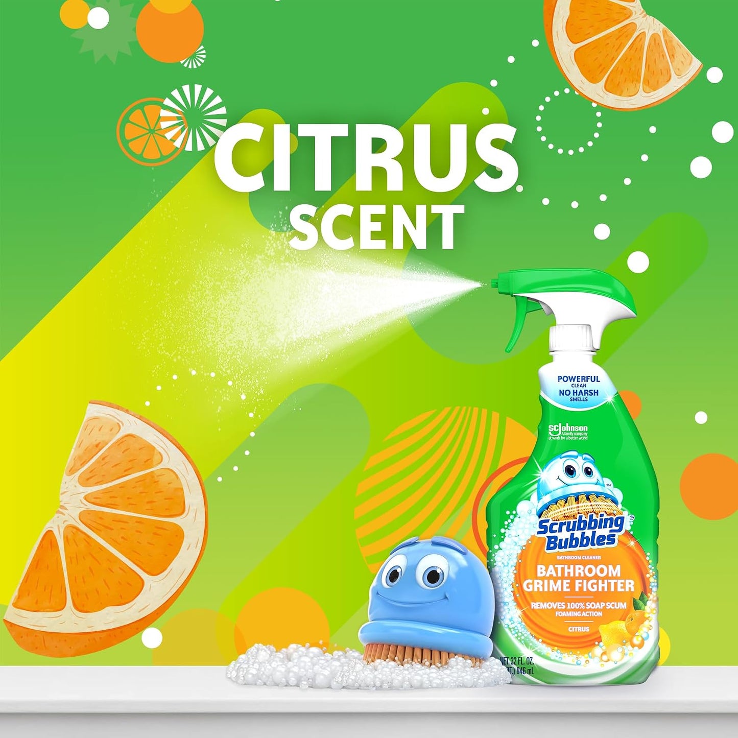 Scrubbing Bubbles Bathroom and Shower Cleaner Disinfectant Spray, Bathroom Grime Fighter, Citrus Scent, 32oz
