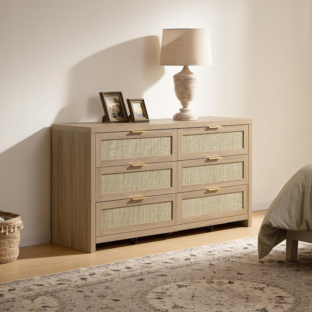 SICOTAS Rattan Dresser for Bedroom, 57" Wide 6 Drawer Dresser