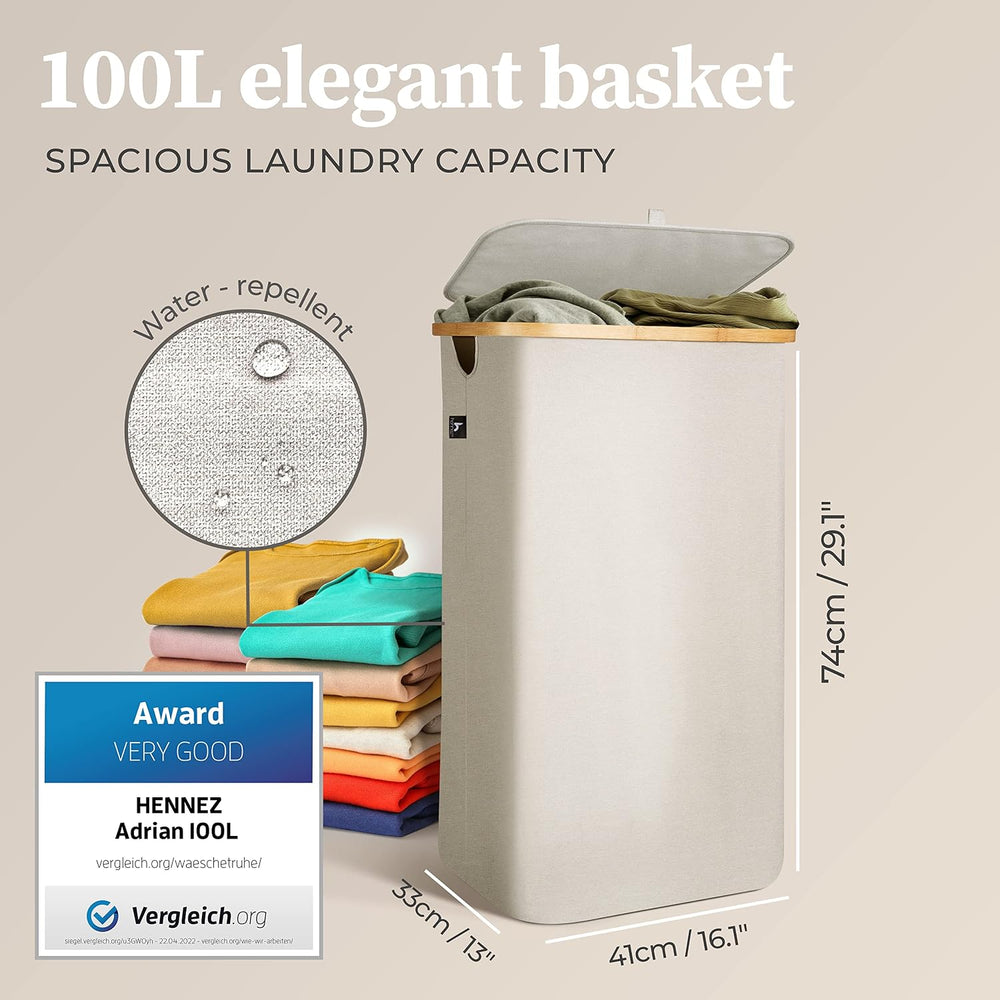 HENNEZ Laundry Hamper With Lid - 100L - Thick Fabric 220gsm - Dirty Clothes H...