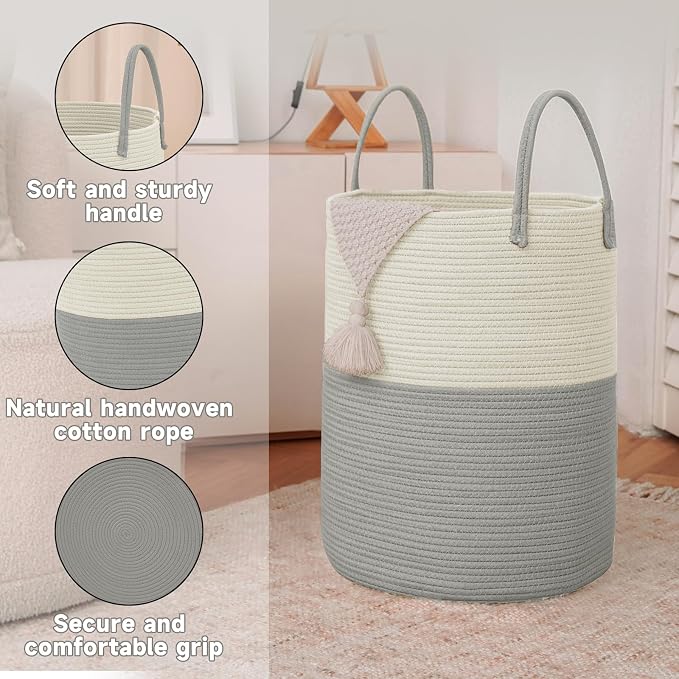 Large Woven Laundry Basket Hamper, 80L Cotton Rope Storage Bin - Image 6