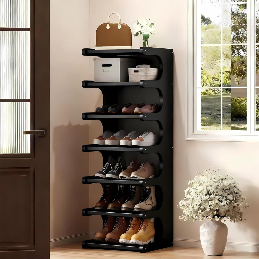 7-Tier Bamboo Shoe Rack, Vertical Narrow Shoe Rack for Small Space, Free Stan...