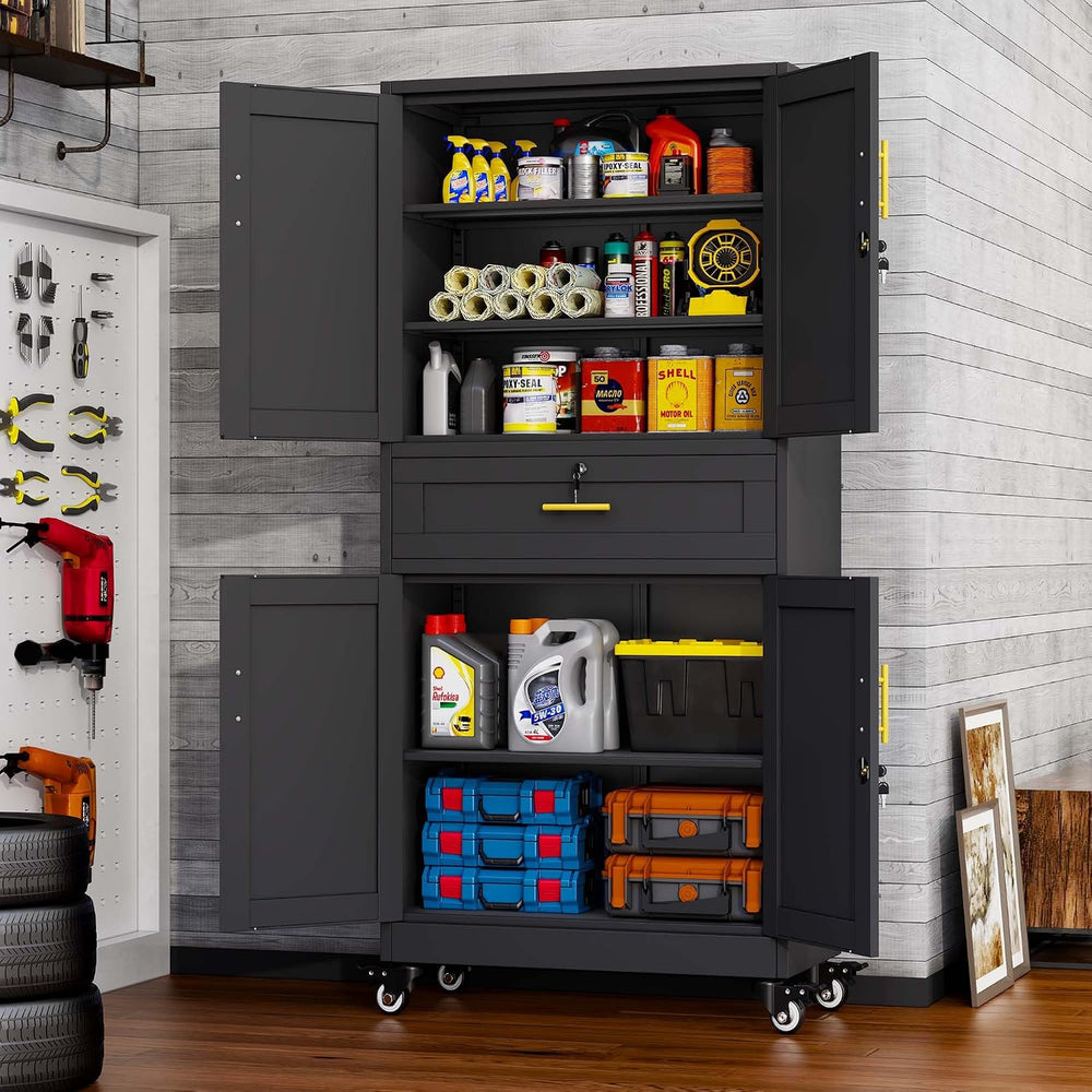 pozdeg 74" Black Lockable Rolling Metal Garage Storage Cabinet