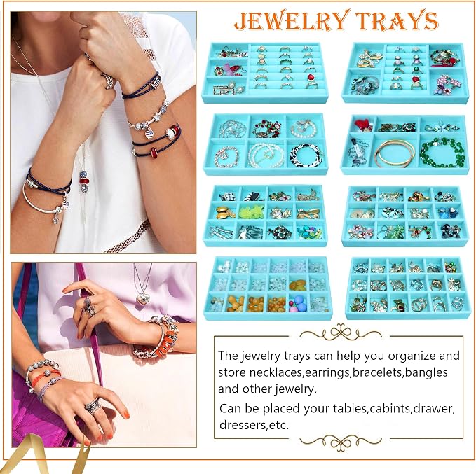8 Pcs Velvet Jewelry Tray Stackable Jewelry Drawers Organizer Trays Rings - Image 9