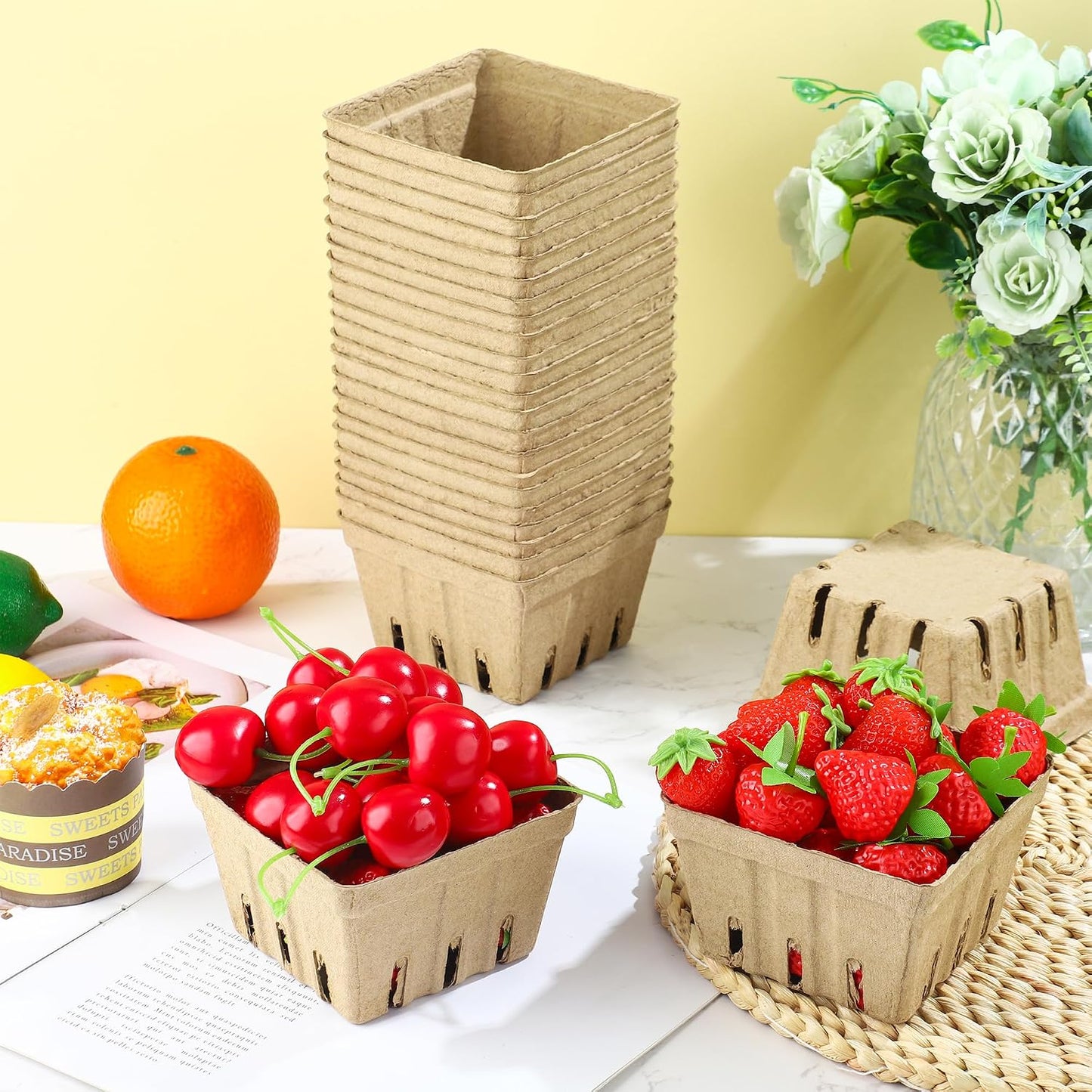 50 Pack Natural Pulp Fiber Berry Basket Small Strawberry Basket Molded Berry Baskets Produce Vented Container for Blueberry Raspberry Egg Vegetable Farmer Market Grocery Store Backyard Party