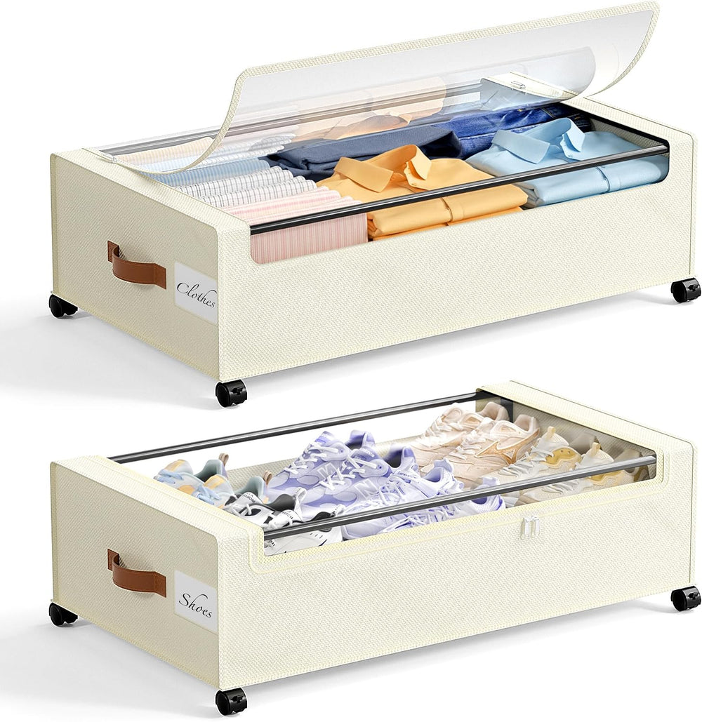 Yecaye 82L Under Bed Storage Containers, Fits 9.4" Under Bed, 2 Pack, Beige