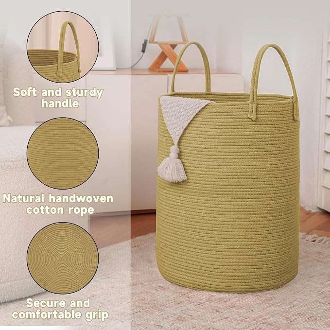 Large Woven Laundry Basket Hamper, 80L Cotton Rope Storage Bin - Image 6