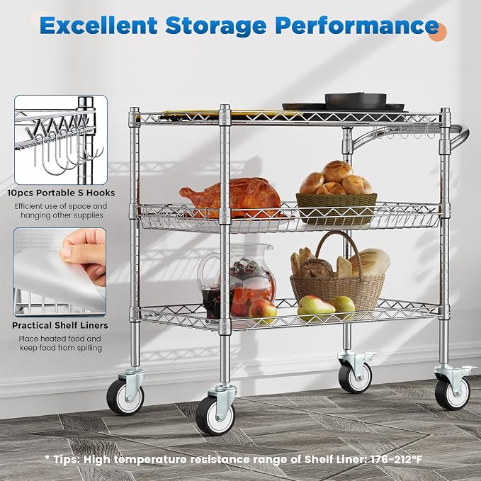 Leteuke Heavy Duty 3 Tier Rolling Utility Cart, NSF Certified 990Lbs Capacity - Image 7