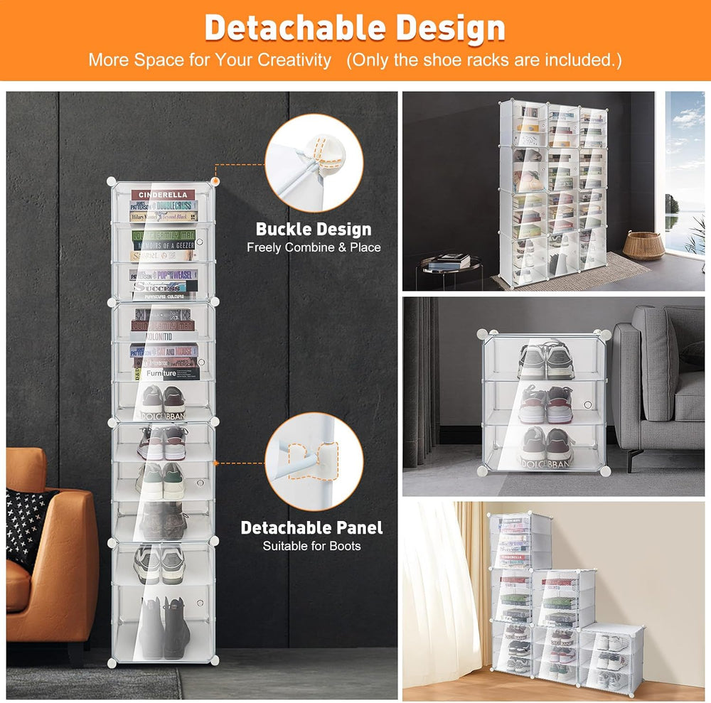 12-Tier 3-Line Dustproof Shoe Boxes 72 Pairs Clear Shoe Rack Organizer Stacka...