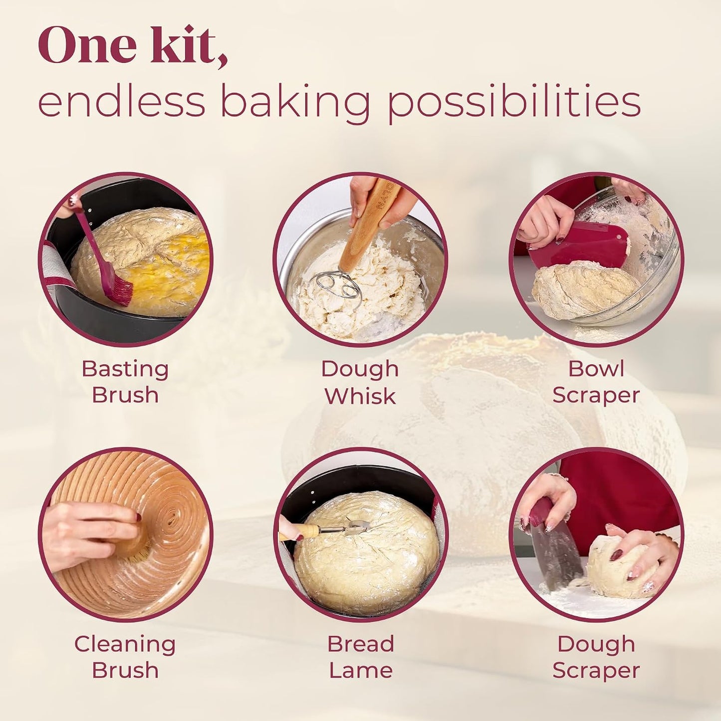 Sourdough Bread Baking Supplies with 2 Banneton Bread Proofing Basket Sizes - 16 Piece Sourdough Starter Kit Including Dough Whisk, Scraper, Lame, Apron for Artisan Bread Making