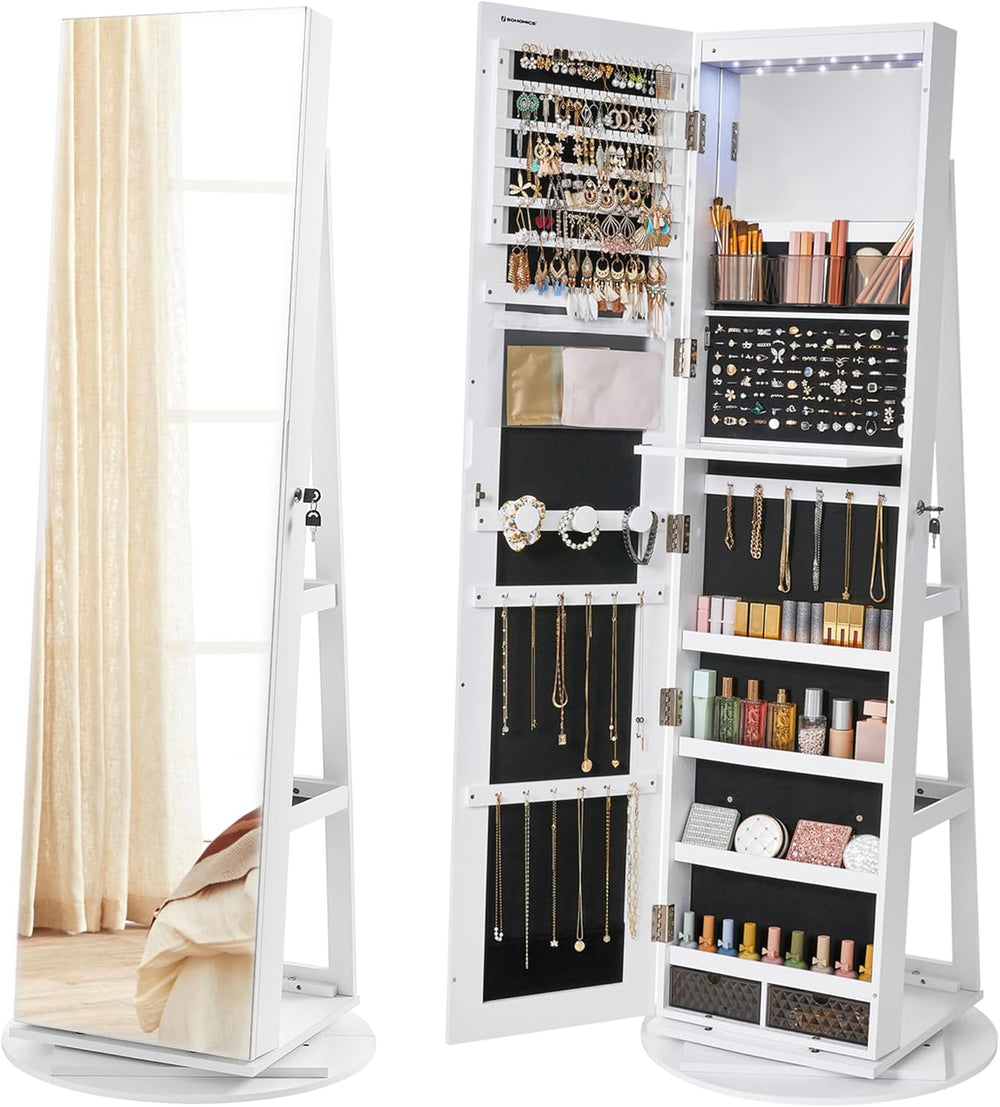 SONGMICS 6 LEDs Mirror Jewelry Cabinet Organizer, 360° Swivel, Lockable