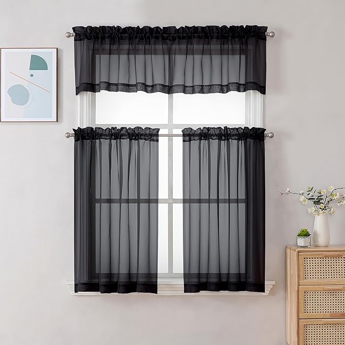 Chyhomenyc Black Sheer Tier Curtains 24 Inch Length, Small Window Curtains - Image 2
