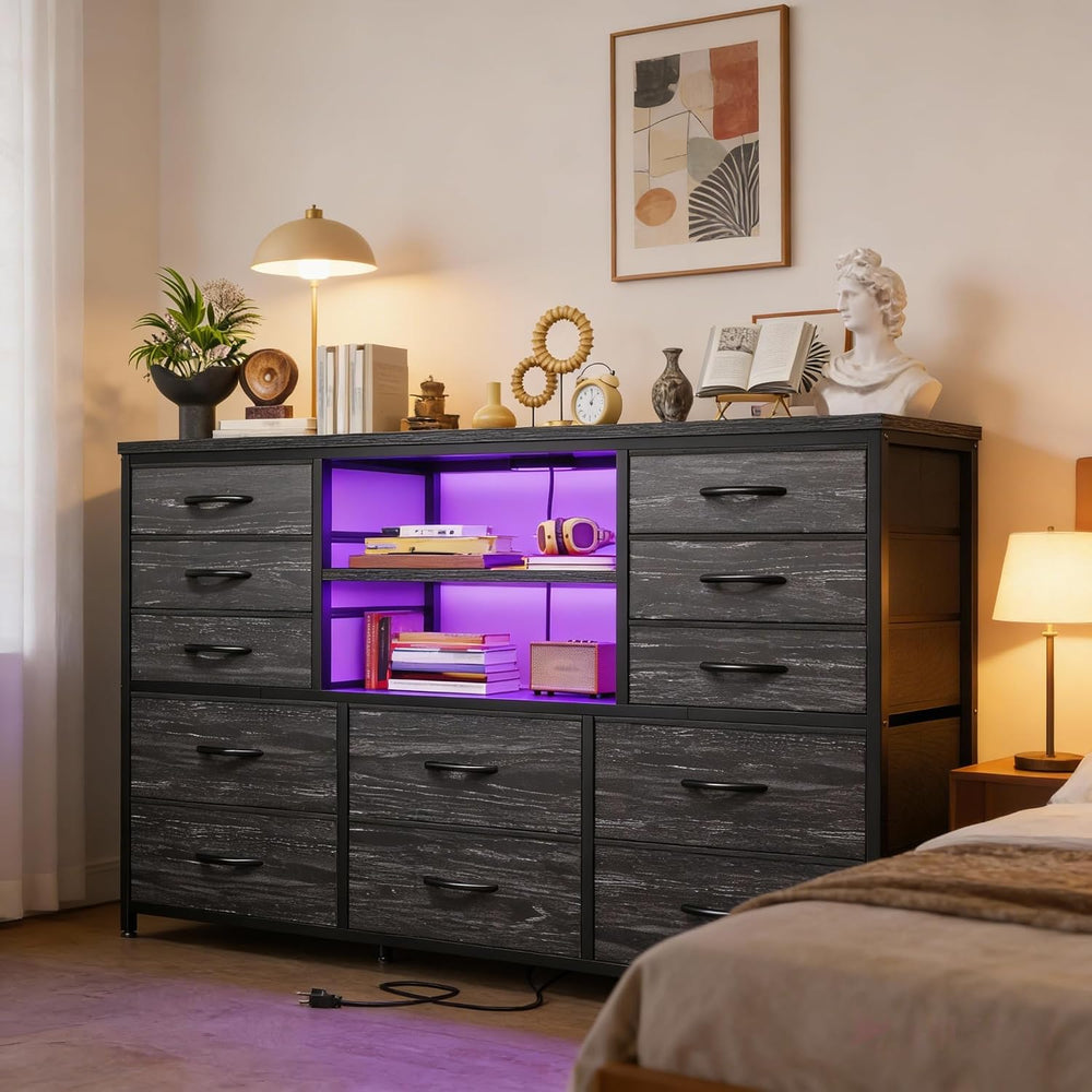 EnHomee Dresser for Bedroom with LED Lights & Charging Station