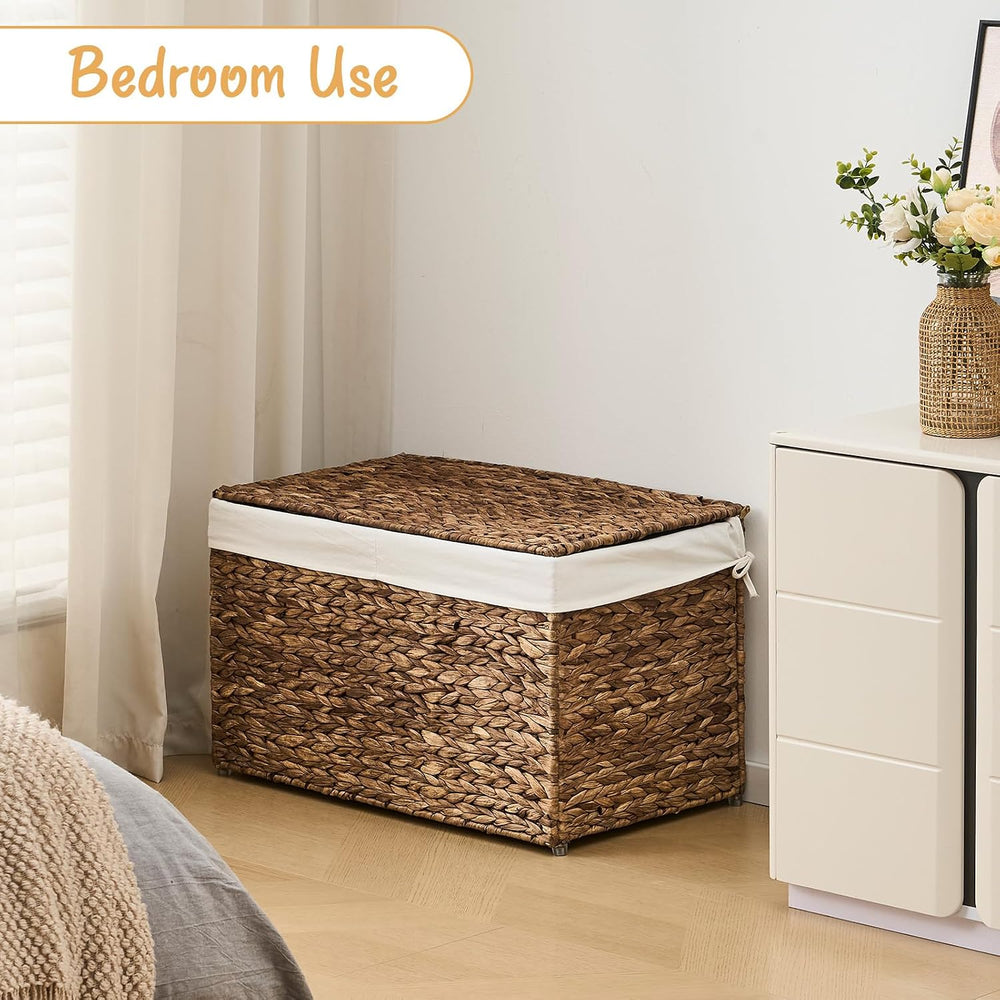 Storage Basket with Lid, Woven Wicker Shelf Basket with Removable Liner, Meta...