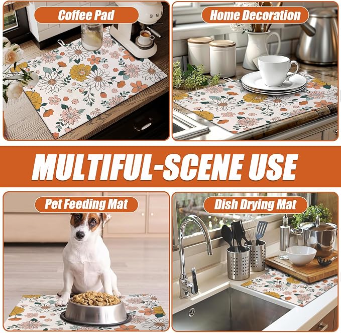 Boho Flower Dish Drying Mat for Kitchen Counter Microfiber Absorbent Dish - Image 7
