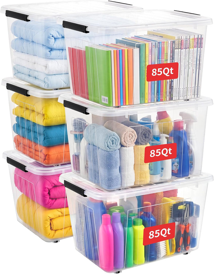 Cetomo 85Qt Plastic Storage Bin with Wheels, Stackable Storage Box with Lid, Organizer, Container for Home, Office, Drom, PP, BPA-Free, Nestable, Clear, 85Quart-6 Pack