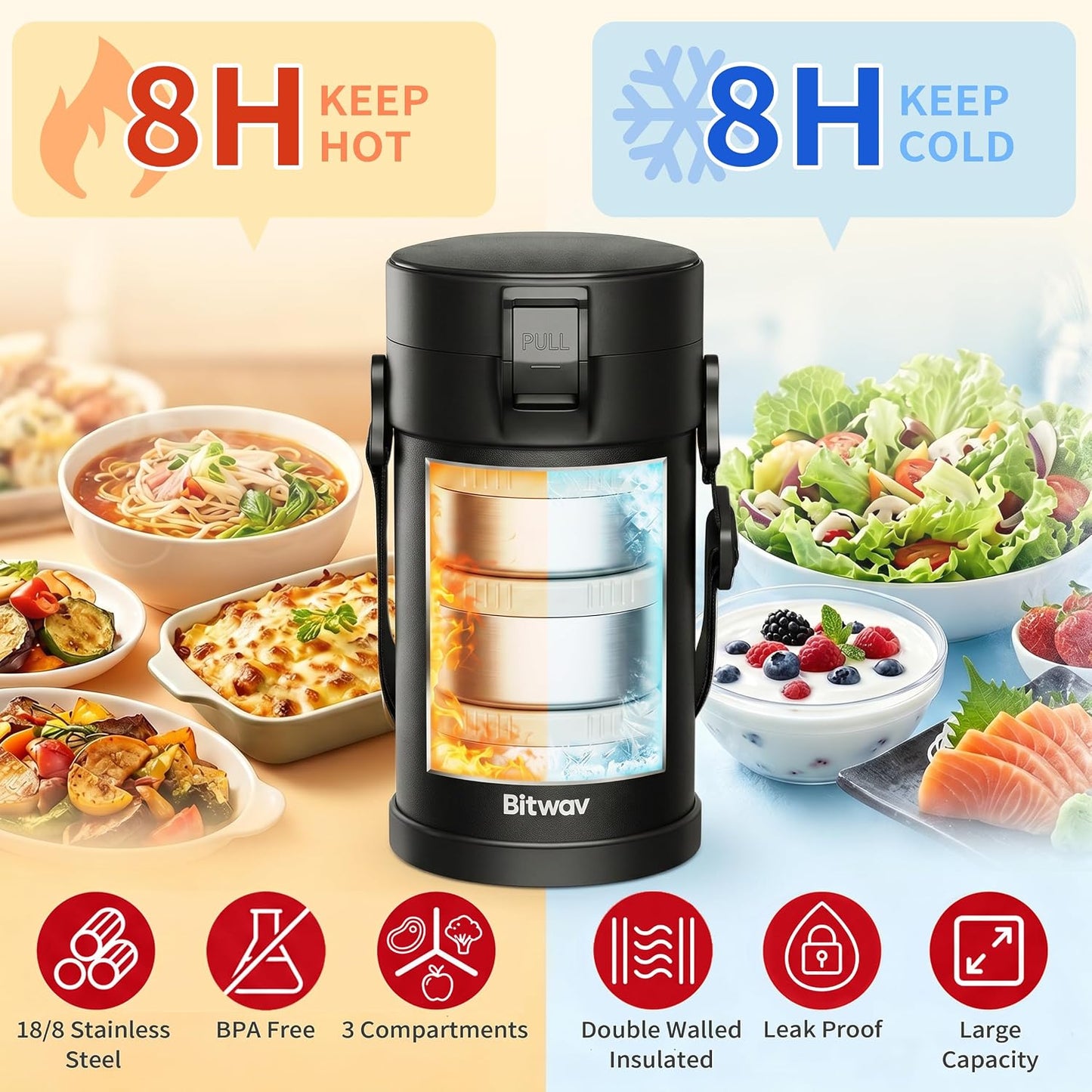 77oz Stainless Steel Insulated Food Jar, 3 Tier Stackable Bento Lunch Box, Vacuum Thermal Food Container for Hot Food, Soup Thermos with Insulated Bag for Work, Travel, Outdoor (77 oz Black)
