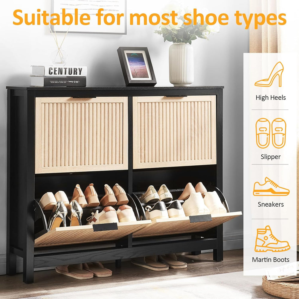4-Flip Drawer Shoe Cabinet Narrow Entryway Rack, Oak & Black