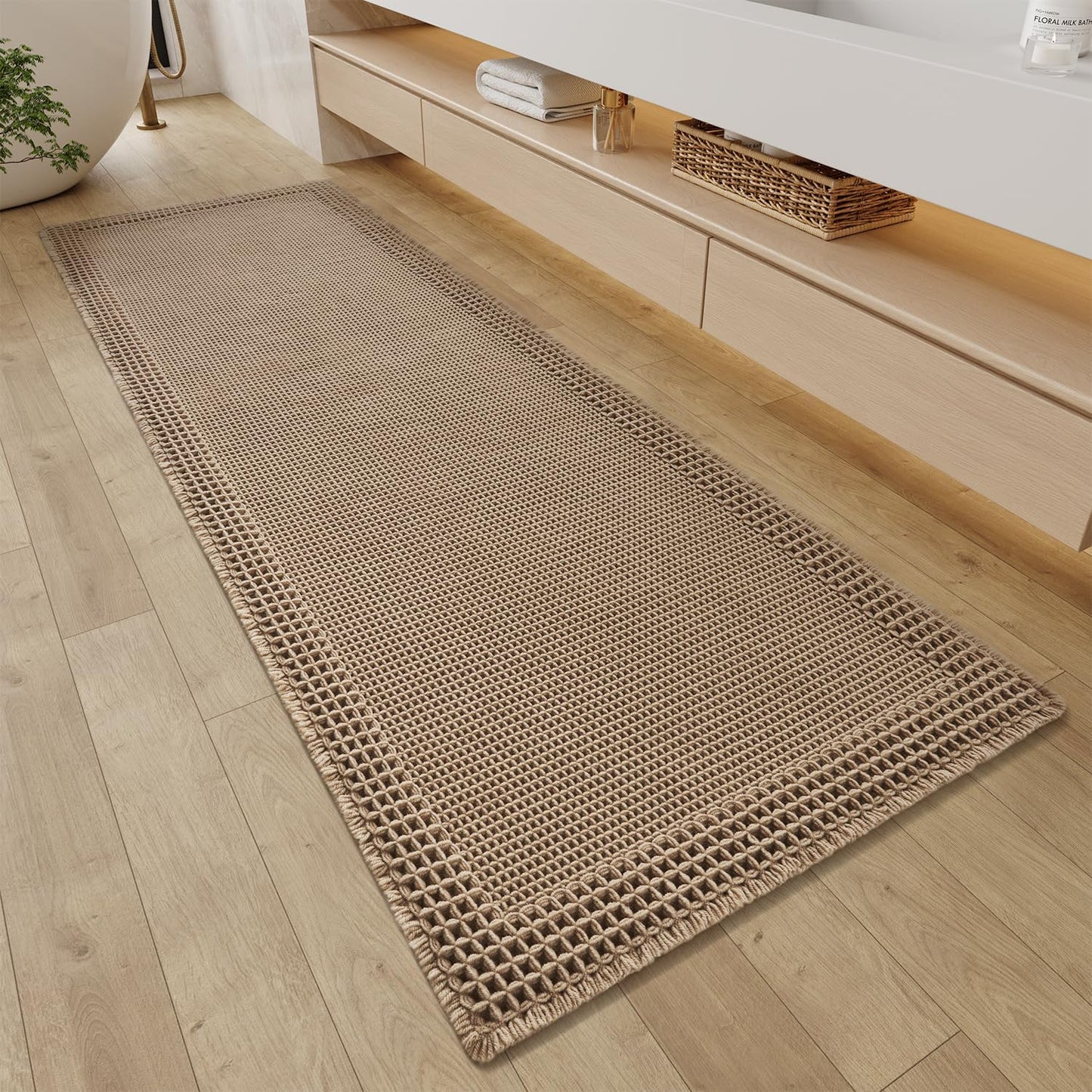 RESARE Waffle Bathroom Runner Rugs, Super Absorbent Bath Mat Non Slip Washable Quick Dry, Upgraded Ultra Soft Boho Bath Rugs with Tassels, Farmhouse Home Decor Accessories, 2'x6'(24"x72") Brown