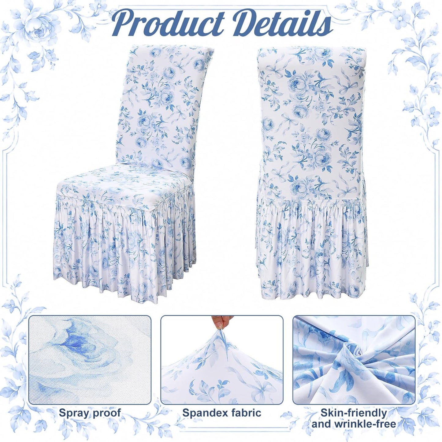 Gerrii Fancy Garden Blue Bow Dorm Chair Cover Coquette Bow Room Decor College Apartment Decor Dining Chair Covers Washable Furniture Protector with Skirt Country Style for Dorm Room Home Bedroom