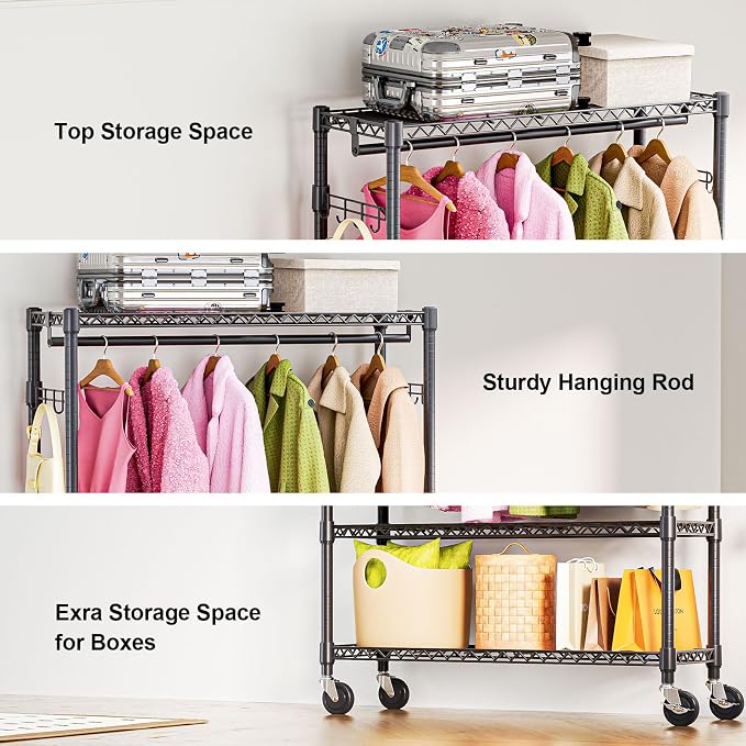 Heavy Duty Rolling Garment Rack 3 Tiers Adjustable Wire Shelving Clothes Rack - Image 4