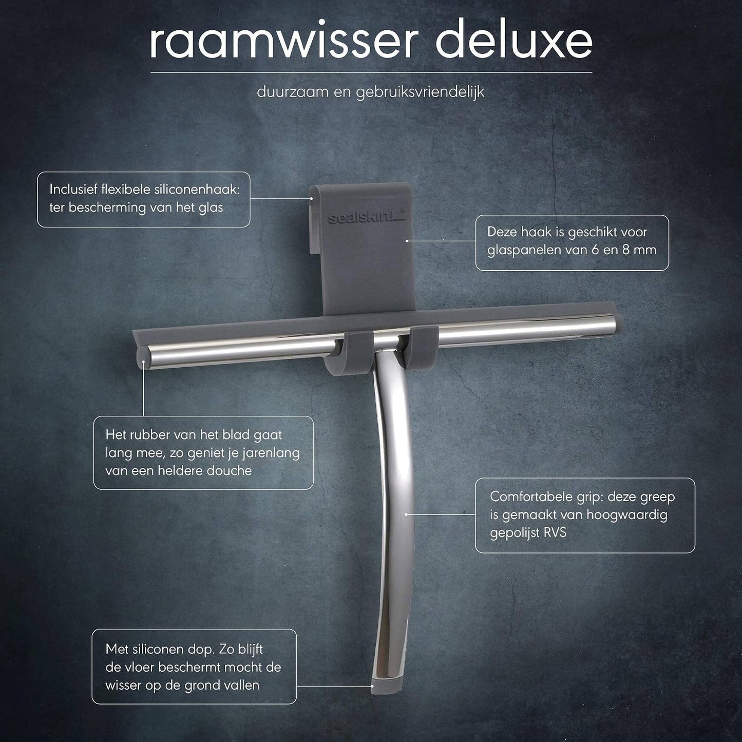 Sealskin Deluxe Shower Squeegee, Glass Wiper for Shower and Window, Practical Squeegee with Flexible Silicone Holder, Polished Stainless Steel Handle, Silver