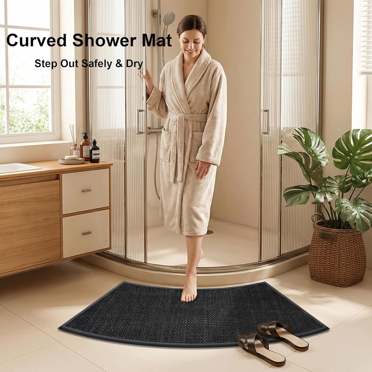 Non-Slip Curved Bath Mat, Semi Circle Bathroom Rug, Quick Drying Absorbent Corner Shower Mat, Sturdy Faux Linen Woven Bath Mat for Curved Shower,Black,Curved 1'6"×3'3"