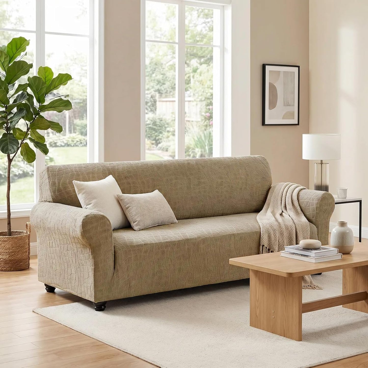 Waterproof Sofa Slipcover 3 Cushion Couch X-Large Sofa Cover,91"-110" Non Slip Soft Couch Sofa Cover Washable Furniture Protector with Non Skid Foam and Elastic Bottom for Kids, Pets,Khaki