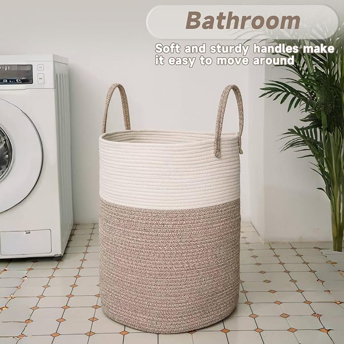 Large Woven Laundry Basket Hamper, 60L Cotton Rope Storage Bin - Image 5