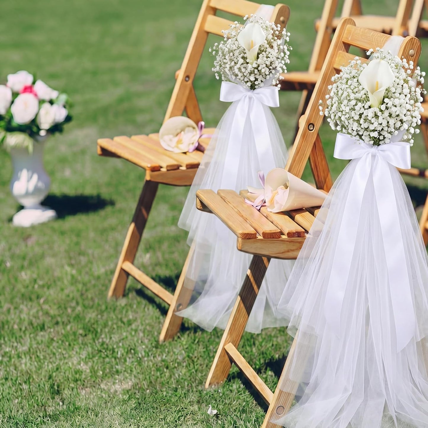 24 Set Wedding Aisle Chair Decorations Pew Flowers White Tulle Tails Chair Sashes with Ribbons and Artificial Baby's Breath for Wedding Church Ceremony Chairs Banquet Bulk (White Calla Lily)