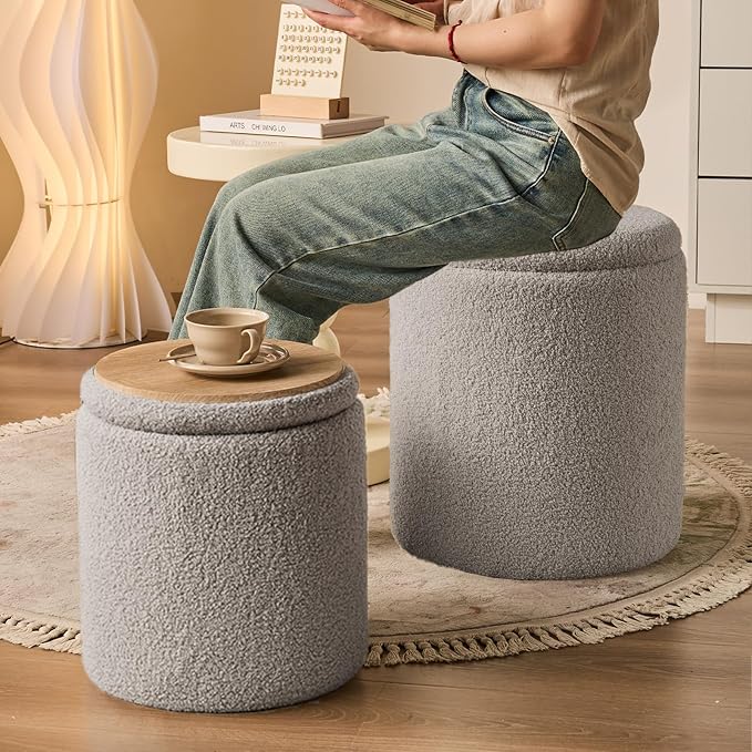 Round Ottoman with Storage Set of 2-Upholstered Sherpa Vanity Stool - Image 6