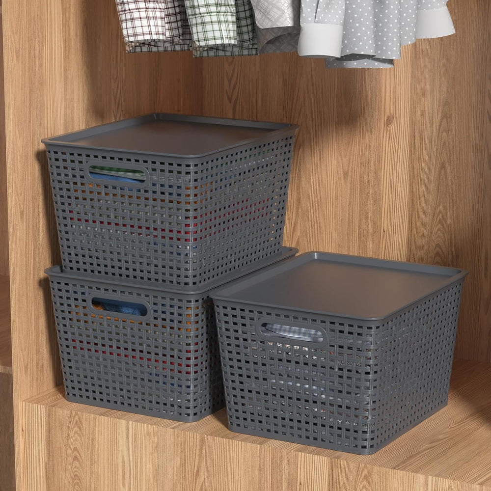 6-Pack Large Plastic Storage Baskets Bins with Lid, Gray