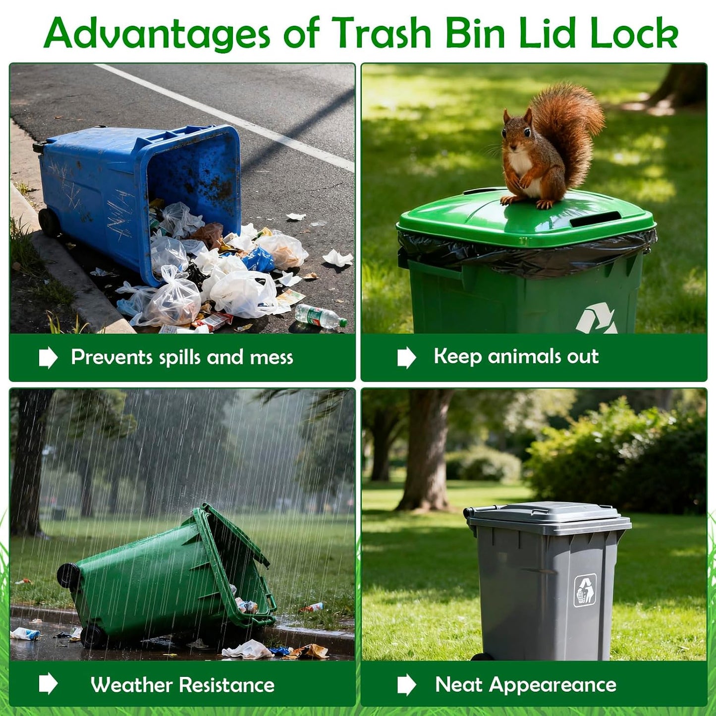 2PCS Trash Can Lock , Double Metal Hooks, Animal Lock for Trash Can Straps | Trash Can Lock for Animals-Proof, Bear Proof Adjustable Strap for Outdoor Trash Locks, Racoon Repellent, Trash Bin Lid Holder