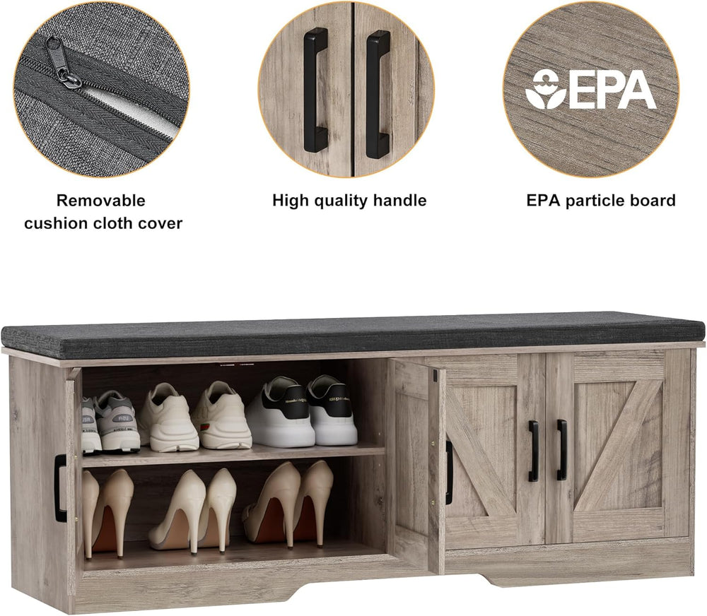 HOMSHO Farmhouse Shoe Storage Bench with 4 Barn Doors & Padded Seat Cushion