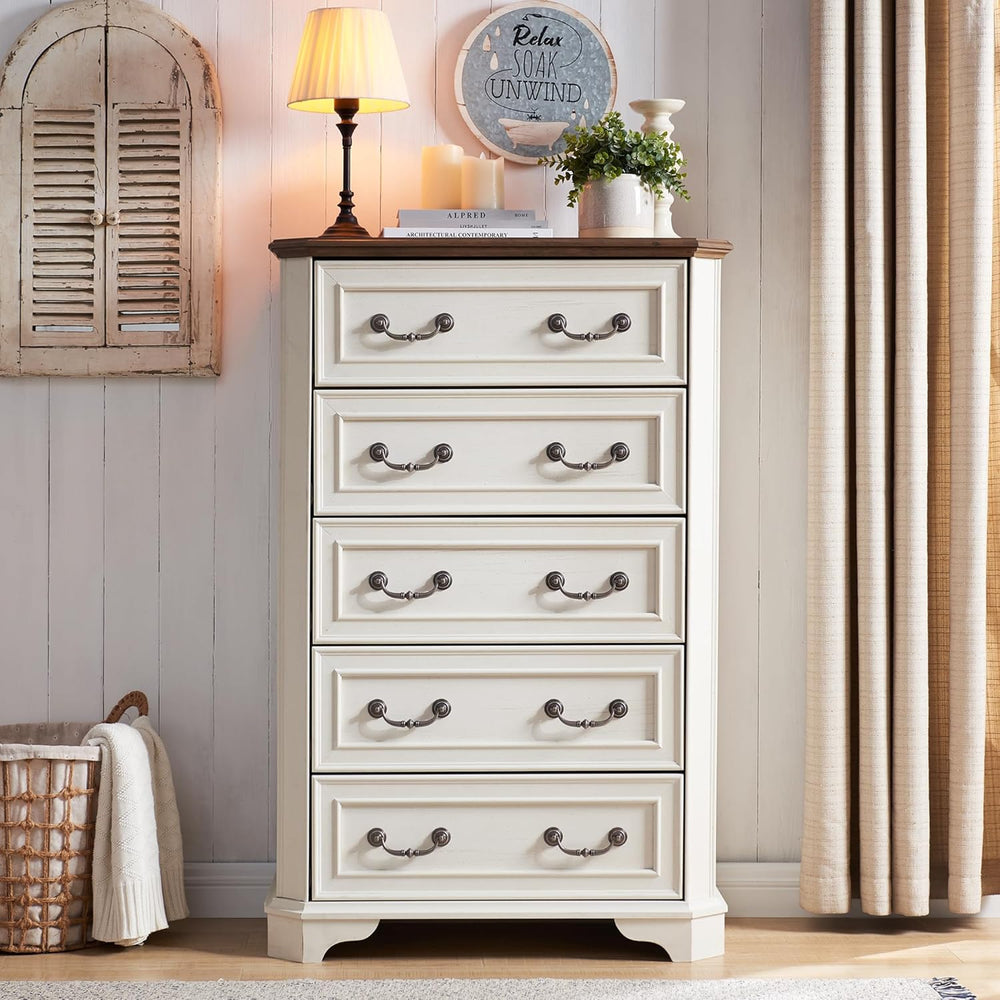 T4TREAM Farmhouse 5 Drawers Dresser for Bedroom, 48" Tall Wood Rustic Ch...