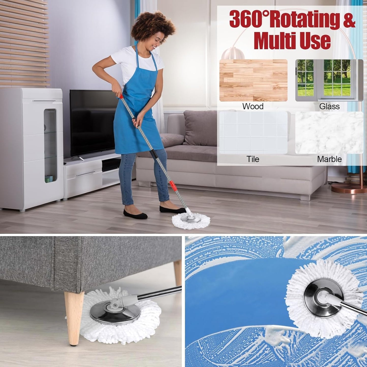 Spin Mop Replacement Handle,360°Spin Mop Pole Handle Replacement Rotating Telescopic Stick for Head Replace, 2 Microfiber Mop,37-to-61 inch Mop Stick Spinning Household Cleaning Accessories for Home