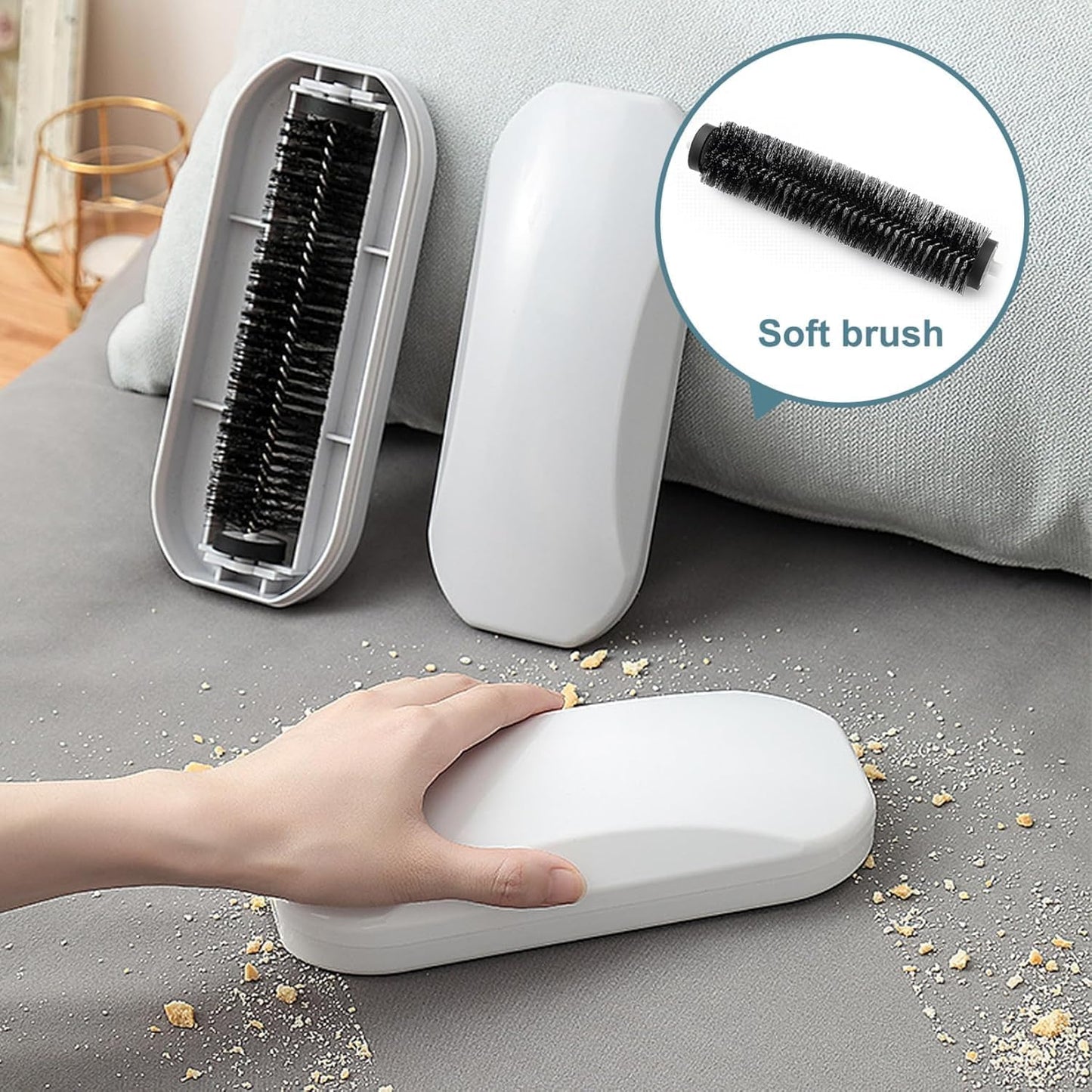 Multi-Functional Table Crumb Sweeper, Handy Rolling Bed Sweeping Brush, Handheld Crumb Sweeper, Soft Bristles Debris Collector for Table, Mat, Bed Sheets, Sofas, Clothes Cleaning Brush (White)