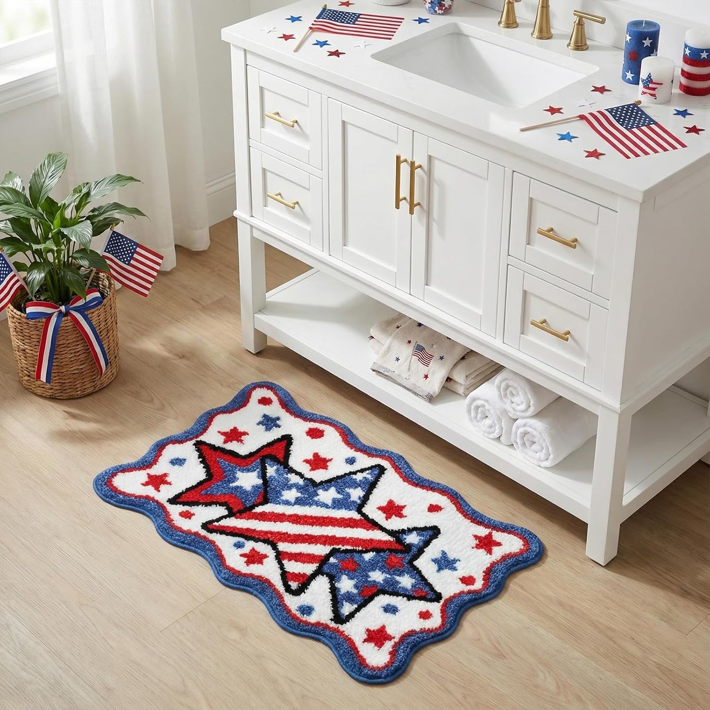 Lindameler 4th of July Bath Mat Soft Washable Patriotic Bath Rug 20 X 30 Inch American Flag Red Blue Stars Patriotic Rug Doormat for Independence Day Decorations