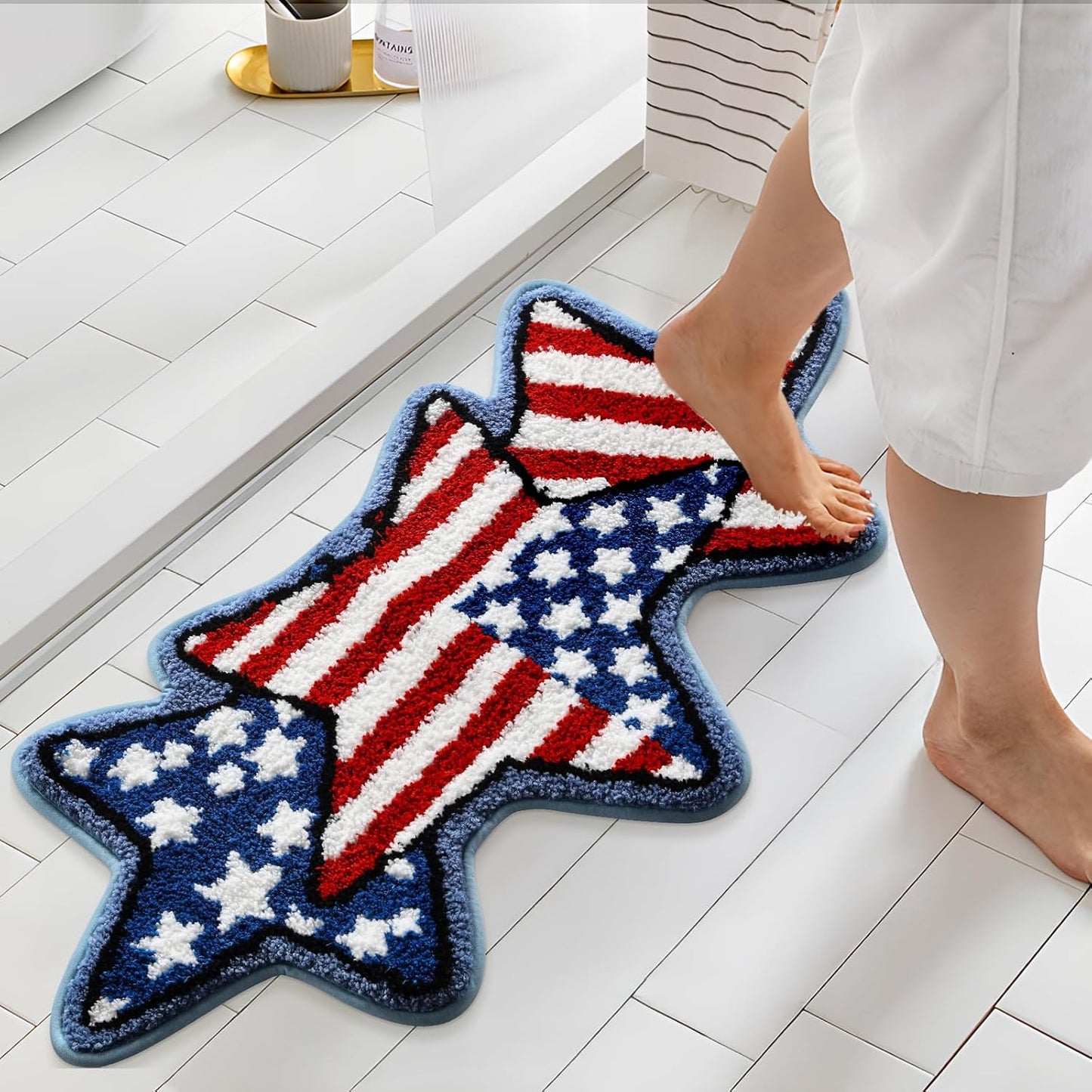 Moutina American Flag Stars Bathroom Rugs 18x36 Inch, Soft and Absorbent Tufted 4th of July Rug Non Slip Washable, Patriotic Bathroom Decor Bath Mat Holiday Decorations