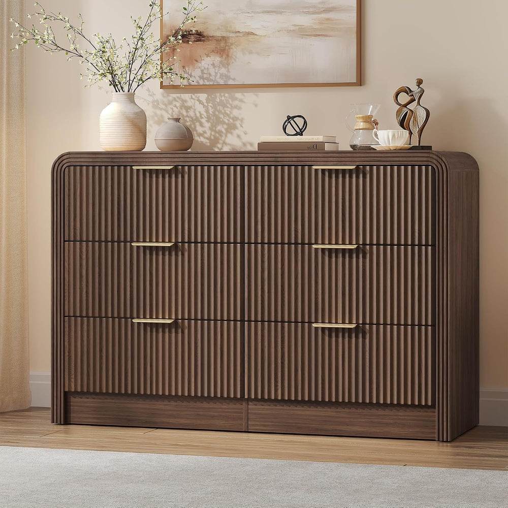 Decofy 47" W Fluted 6-Drawer Dresser for Bedroom, Walnut