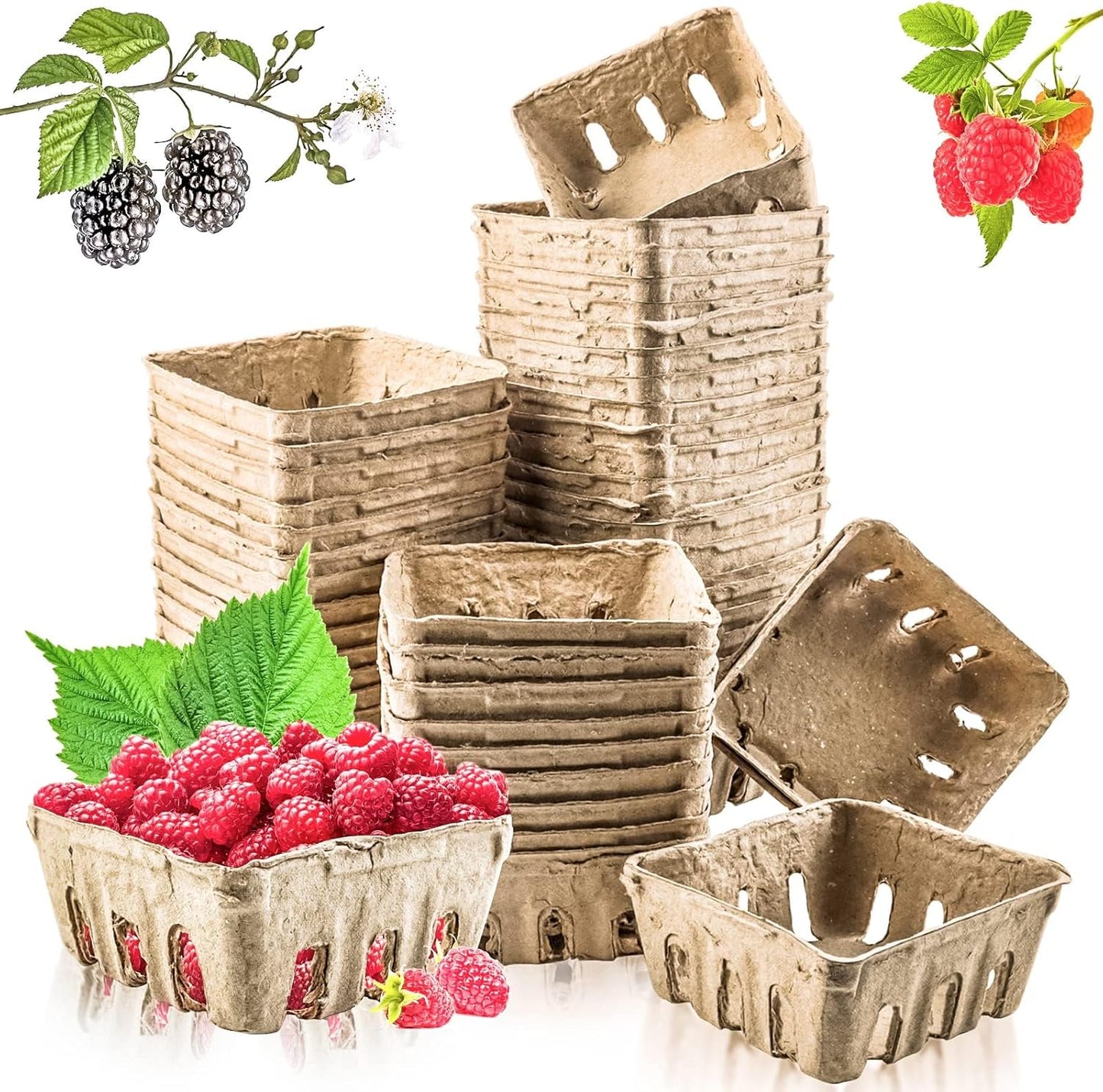 Vmiapxo 50 Pcs Small Natural Pulp Fiber Berry Baskets, 1/2 Pint | Vented Produce Baskets, Farmers Market Display Berry Container for Strawberry Blueberry Fruit Vegetables, Farm Stand Supplies