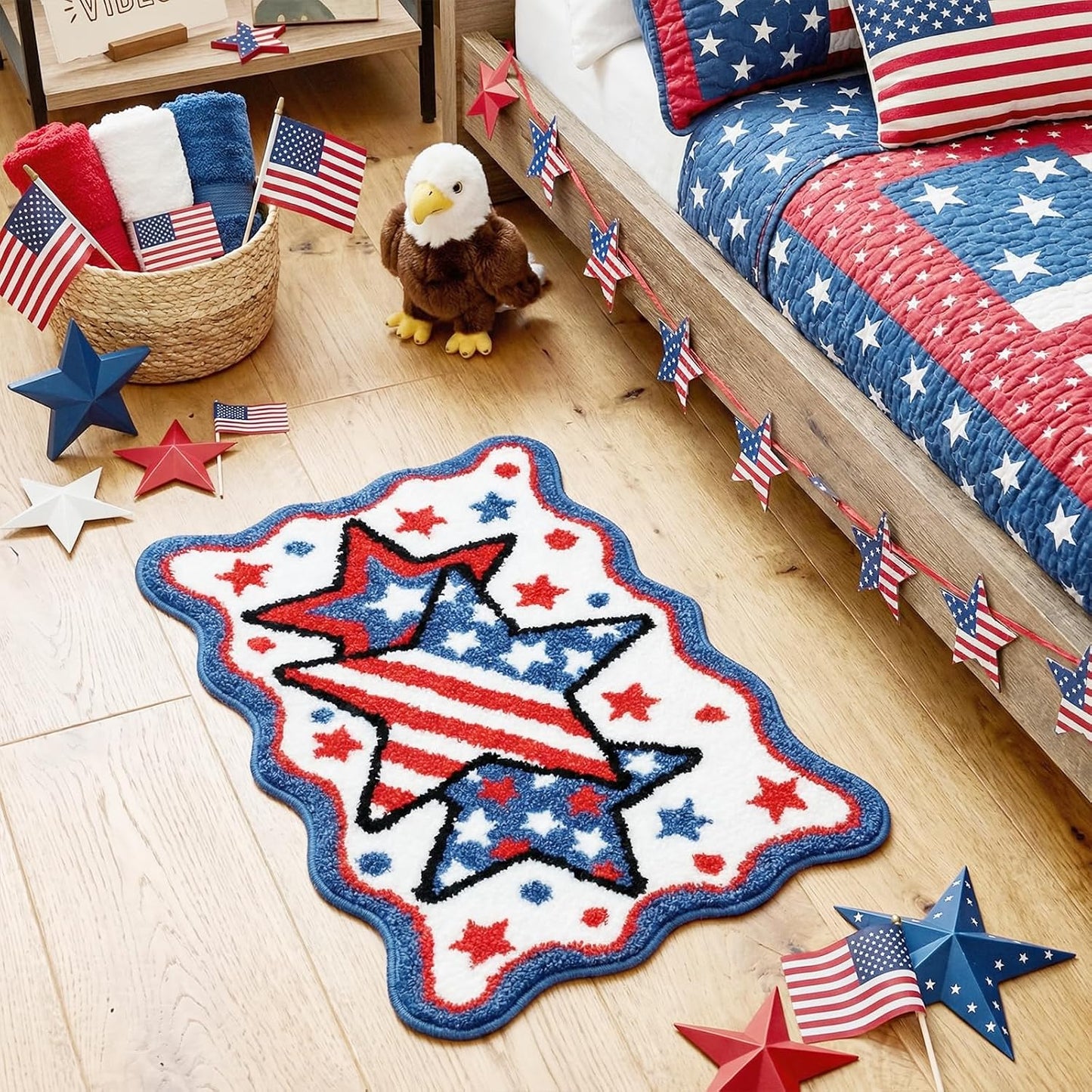 Lindameler 4th of July Bath Mat Soft Washable Patriotic Bath Rug 20 X 30 Inch American Flag Red Blue Stars Patriotic Rug Doormat for Independence Day Decorations