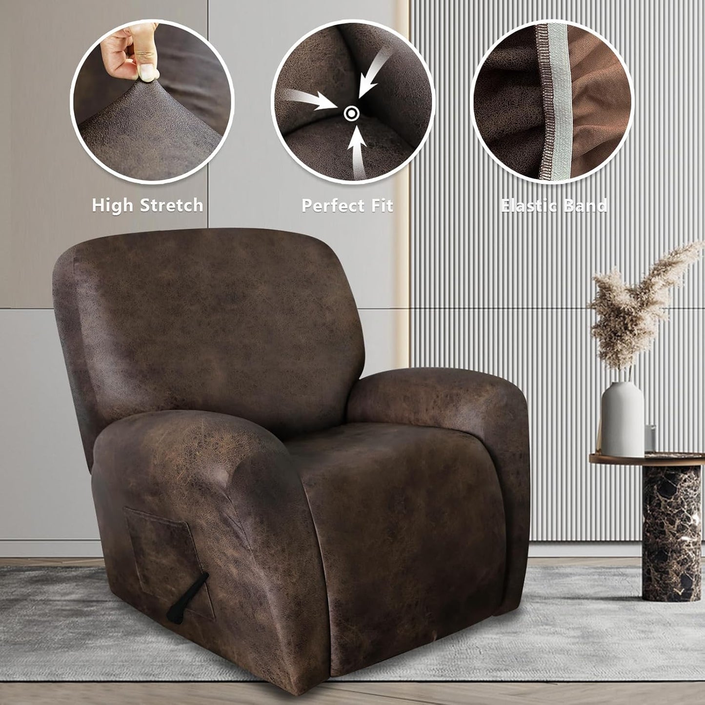 ANARACHON Leather Like Recliner Chair Covers Heavy Duty, 4 Pieces Recliner Cover for Recliner Chair, Leather Cover for Recliner slipcovers Washable for Pets (Dark Brown)