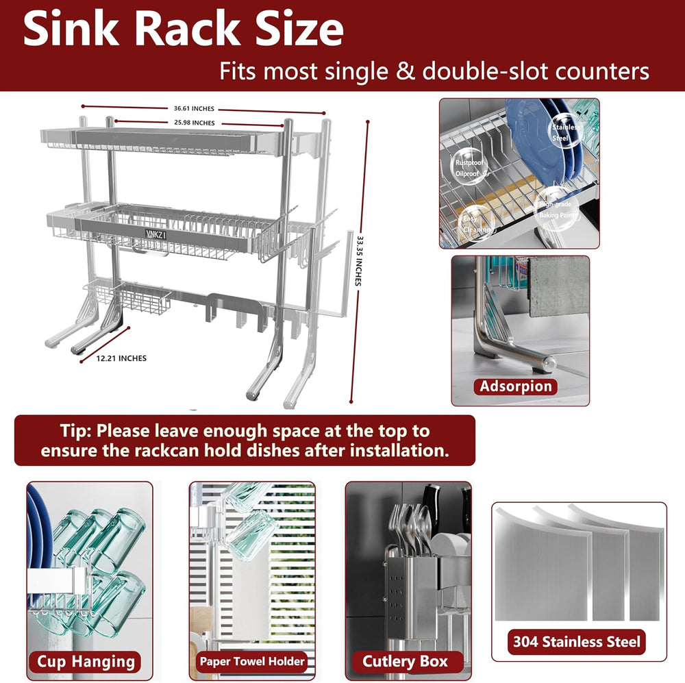 VNKZI Over Sink Dish Drying Rack, 3 Tier Full Stainless Steel Storage Adjusta...